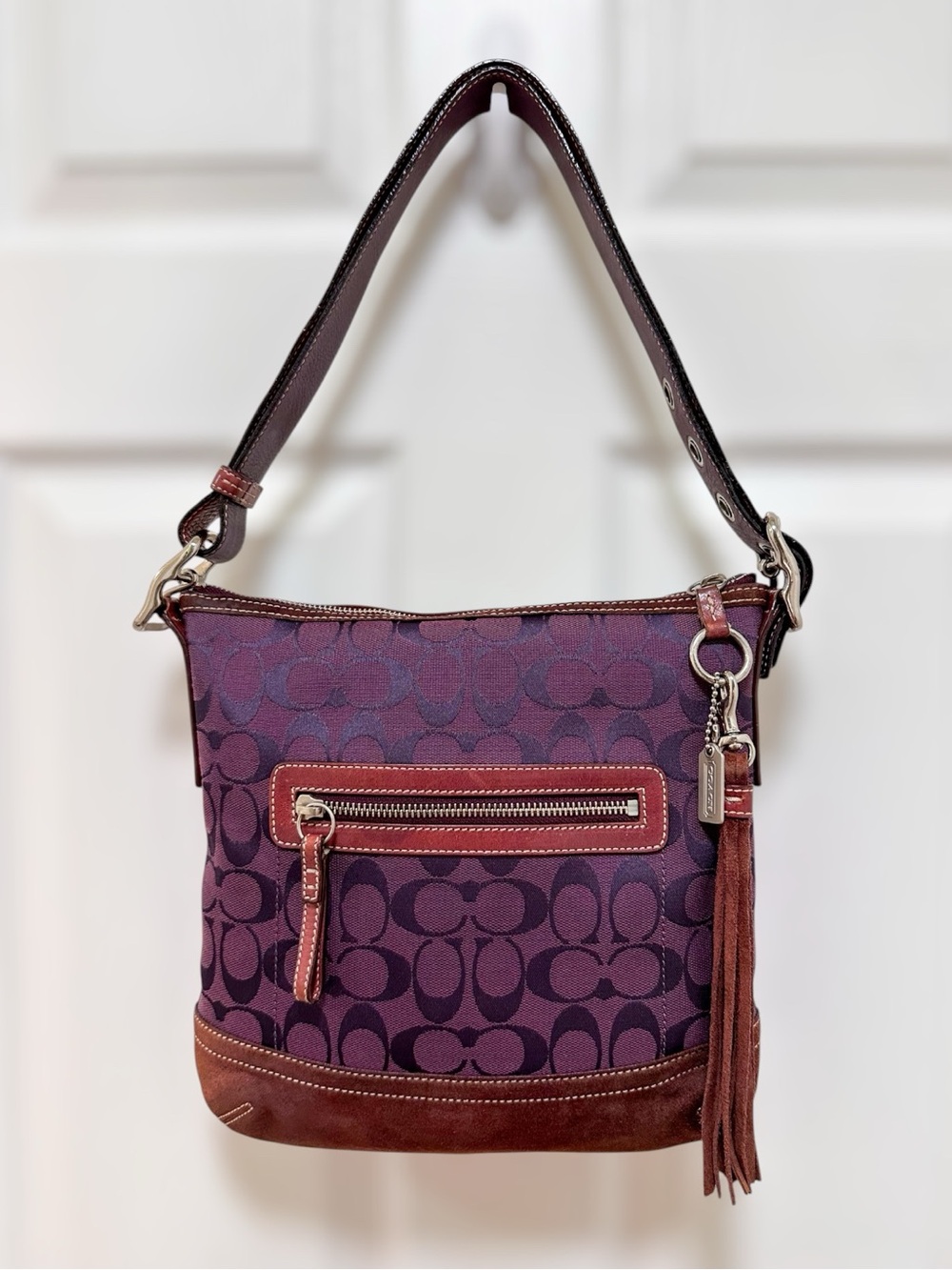 Coach‎ Vintage Signature Jacquard Suede Tassel Slim Duffle Bag Plum Purple 9362